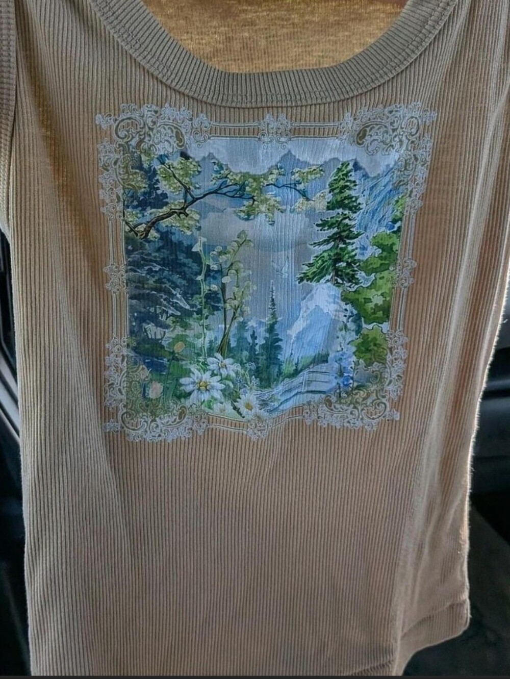 Beige Ribbed Camisole Tank Top with Scenic Floral Mountain Print